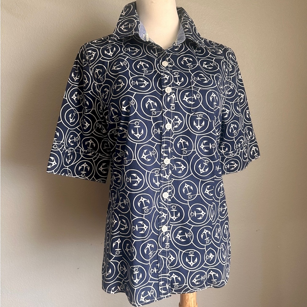 L.L.Bean Nautical Anchor Shirt Navy White Stretch Cotton Button Down M